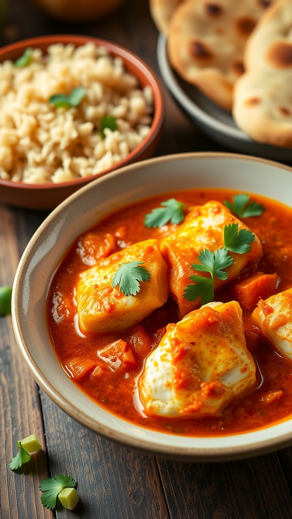 A bowl of cod fish tikka masala garnished with coriander, served with basmati rice and naan.